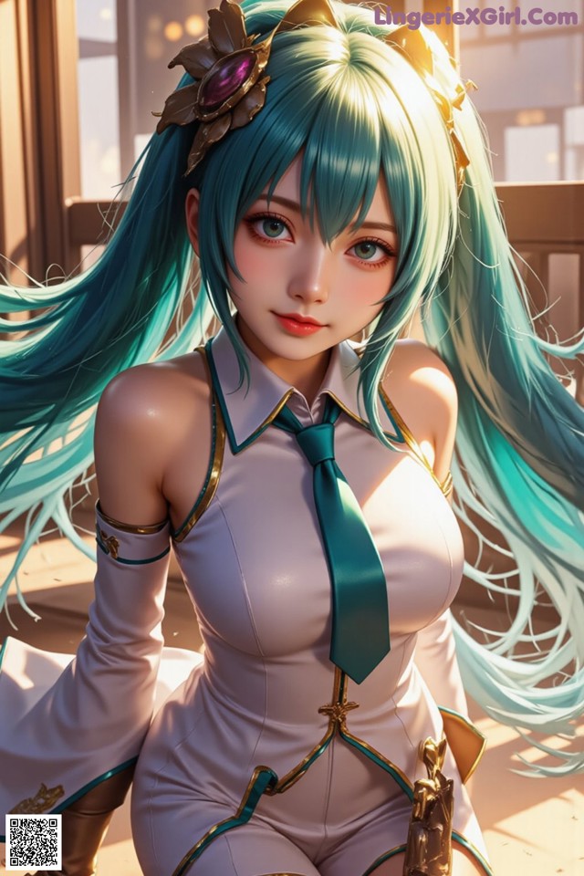 A woman with long blue hair wearing a white dress and a green tie.