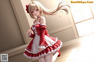 a woman in a red and white dress standing on a porch