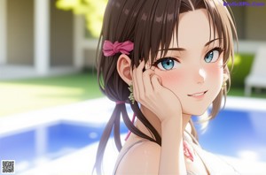 A girl wrapped in a towel standing in front of a building.
