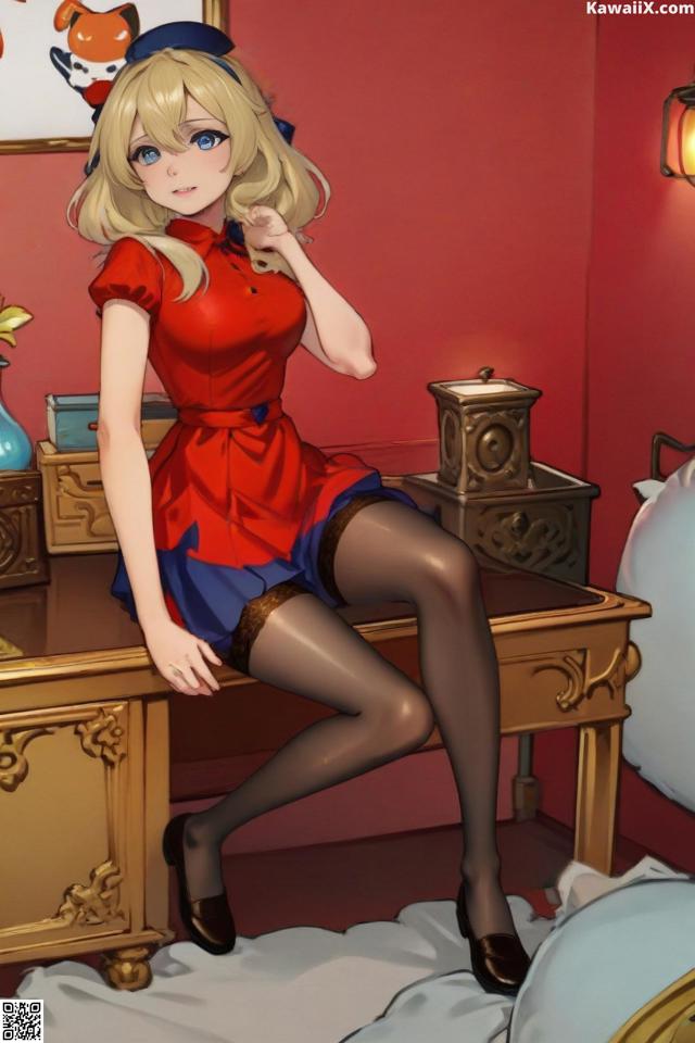 A woman in a red dress sitting on a bed.