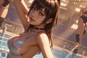 A woman in a black bathing suit in a swimming pool.