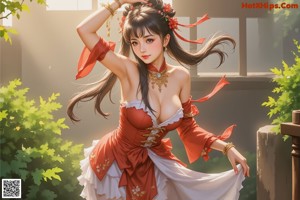A woman in a red and white dress sitting on a brick wall.