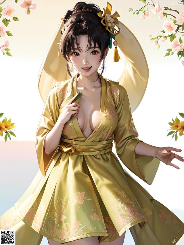 A woman in a yellow kimono is posing for a picture.