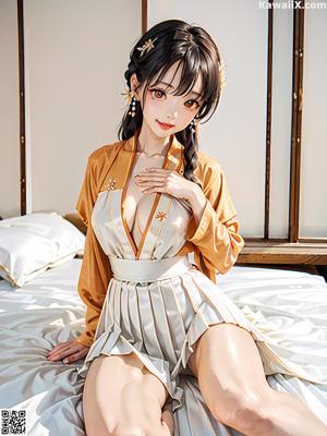 A woman sitting on top of a bed next to a lamp.