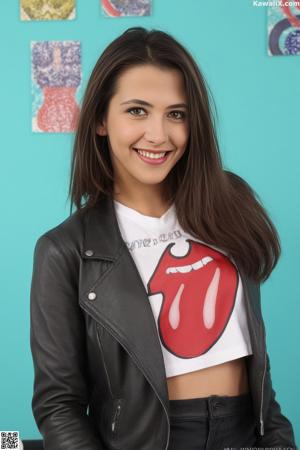 A woman in a white shirt and black skirt posing for a picture.