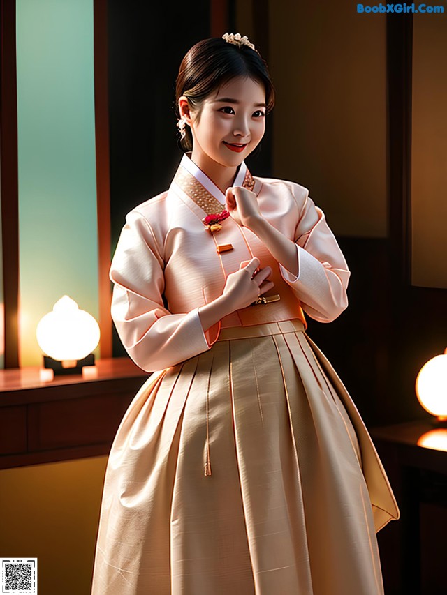 A woman in a pink and gold hanbok poses for a picture.