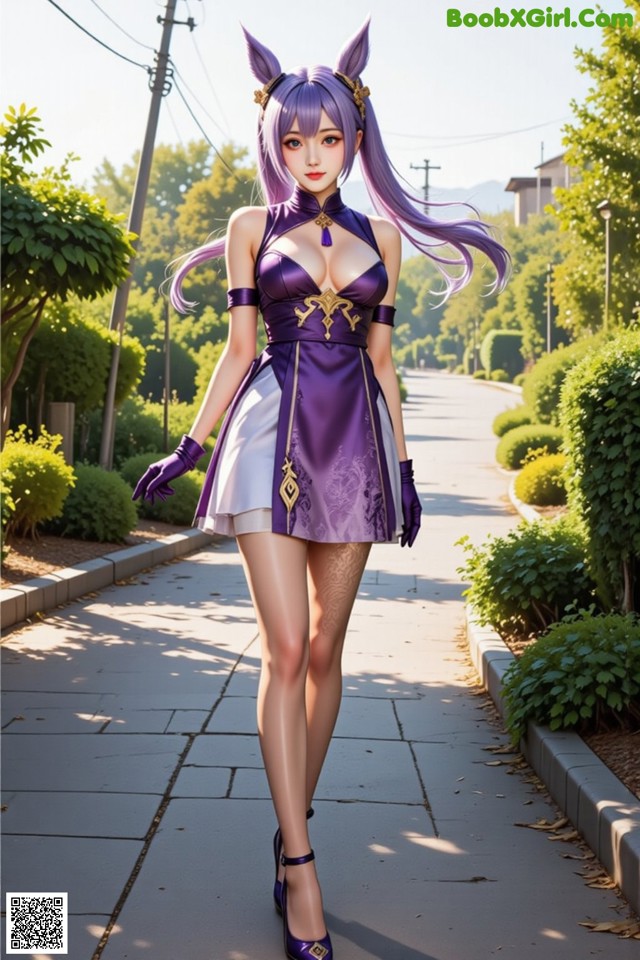 A woman in a purple dress is walking down a sidewalk.