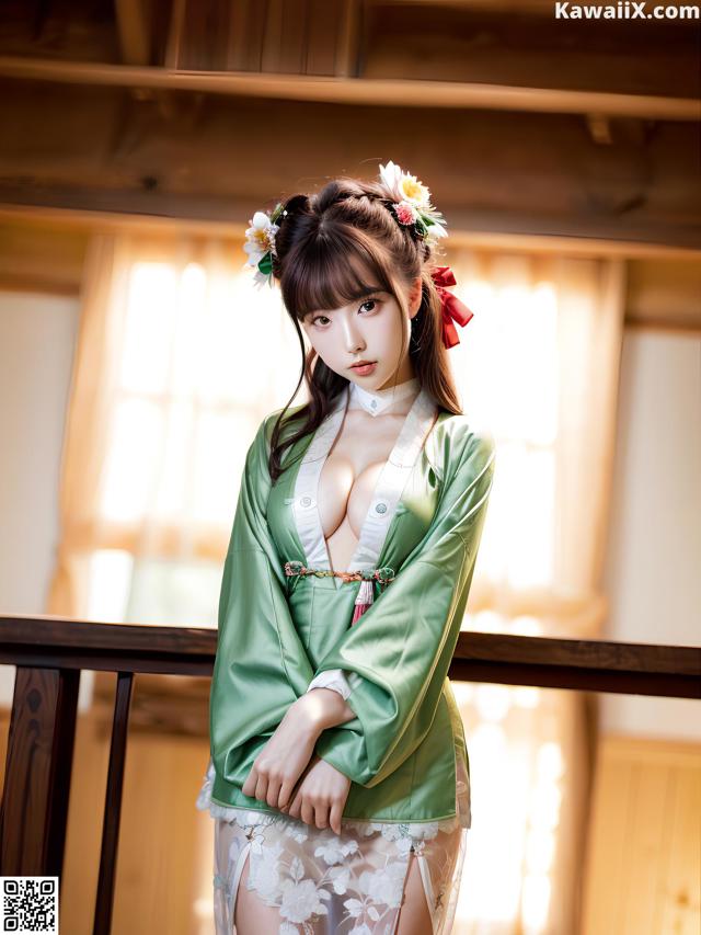 A woman in a green kimono posing for a picture.