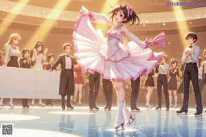 A woman in a white dress is skating in the snow.