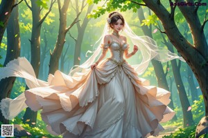 A woman in a wedding dress standing in the woods.