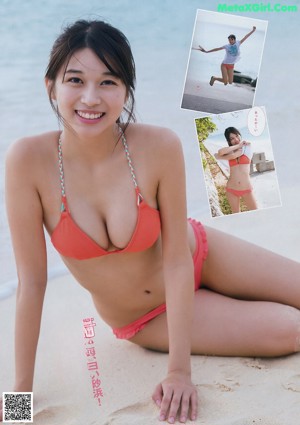 A young woman in a school uniform posing for a magazine.