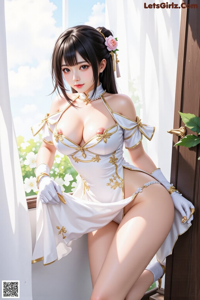 Hentai - The Frozen Elegance That Melts Starlight Set.1 20250104 Part 13 No.d90c4e A woman in a white and gold outfit posing by a window.