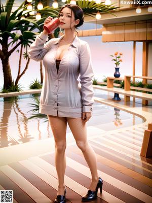 A woman in a white dress standing on a wooden platform.