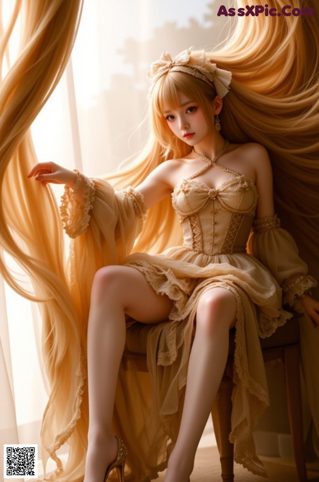 A woman with long blonde hair sitting on a chair.