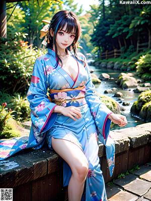 A woman in a blue kimono standing on a bed.