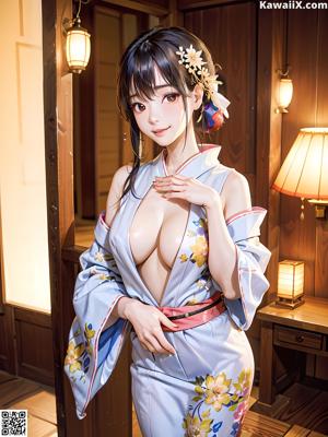 A woman in a blue robe sitting on a wooden bench.