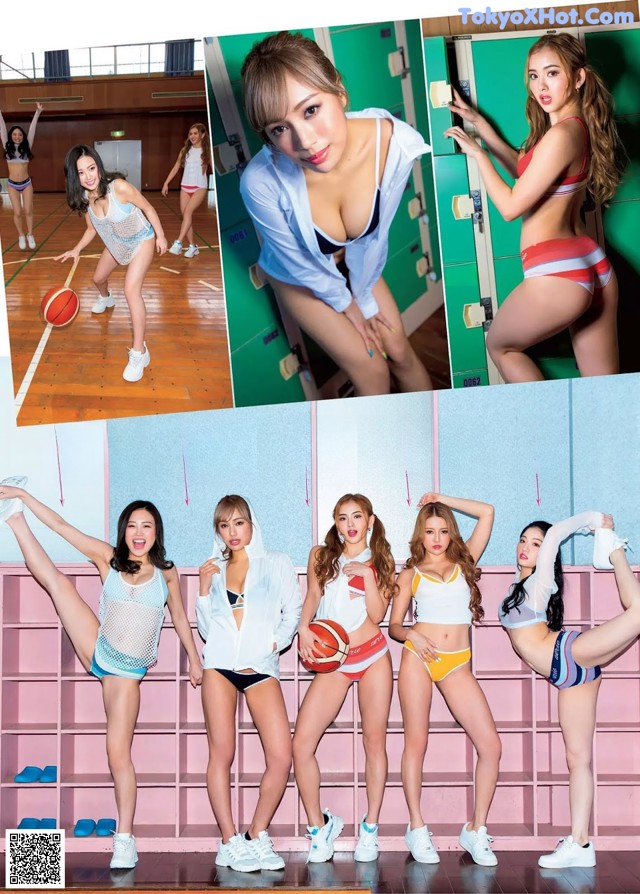 A group of young women posing in a locker room.