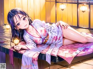 A naked anime girl sitting on a bed in a room.