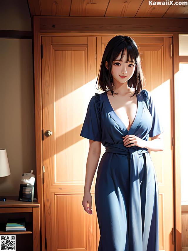 A woman in a blue dress standing in front of a door.
