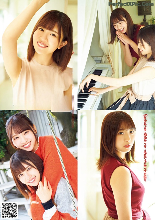 A couple of young women standing next to each other near a piano.