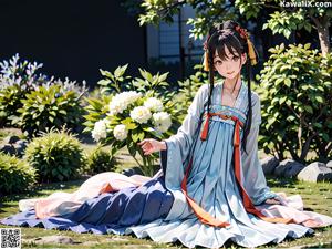 A woman in a blue and white dress holding a white flower.