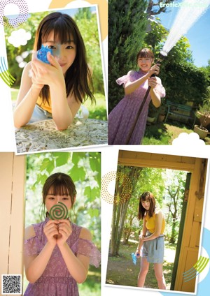 A woman in a yellow top and blue shorts blowing bubbles.
