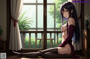 A naked anime girl sitting on a wooden bench.