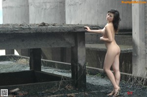 A naked asian woman leaning against a brick wall.