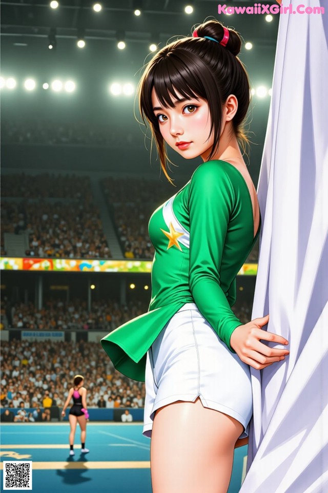 A woman in a green shirt and white shorts standing in front of a crowd.