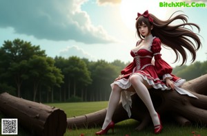 A woman in a red and white dress is posing for a picture.