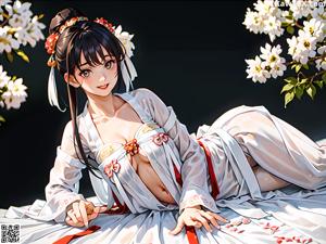 A woman in a kimono sitting on a bed holding a scythe.