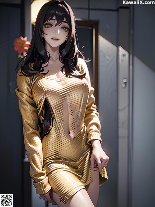 A woman in a gold dress standing in a hallway.