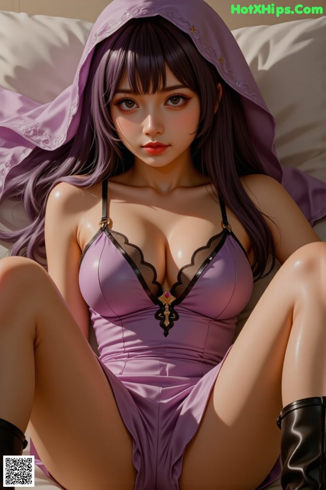 A woman in a purple dress sitting on a bed.