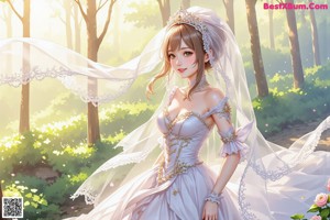 A woman in a wedding dress standing in the woods.