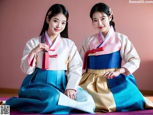 A woman in a pink and blue hanbok sitting on the floor.