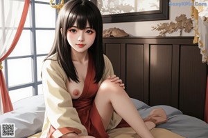 a sexy asian woman in a blue kimono posing on a bed