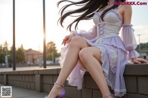 a woman in a purple dress standing in front of a window