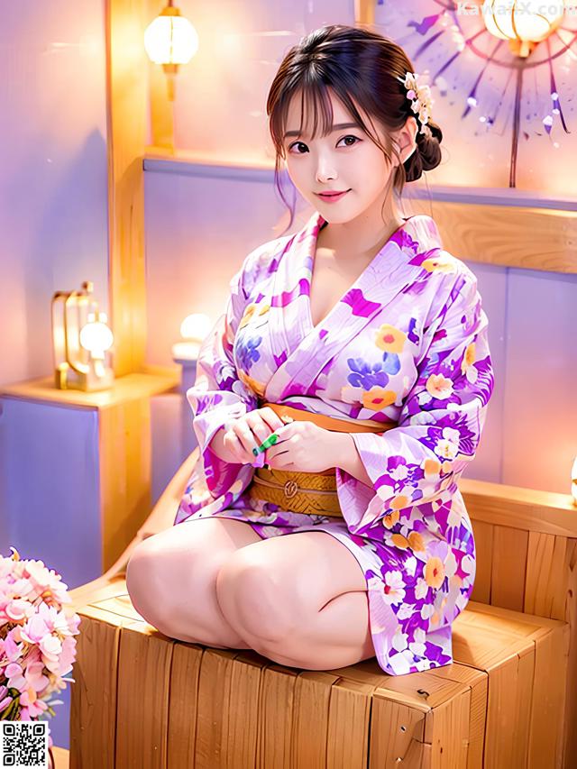 A woman in a purple kimono sitting on a wooden bench.