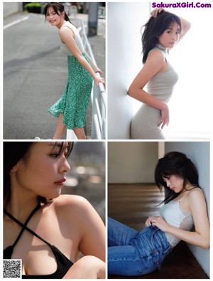 A woman in a black dress leaning against a wall.