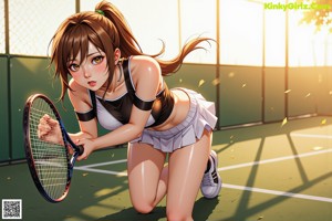 A woman holding a tennis racket on a tennis court.
