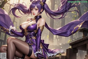 A woman in a purple dress sitting on a wooden bench.