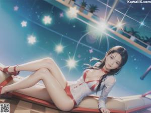A woman in a red and white bikini sitting by a pool.