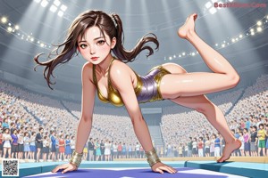 A woman in a bikini standing on a wrestling mat.